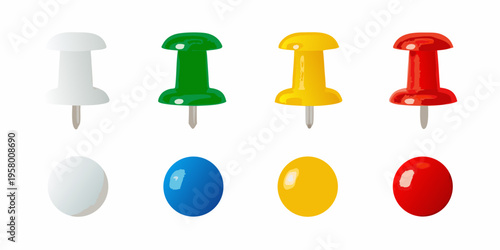 Colorful push pins and thumbtacks arranged in a neat row