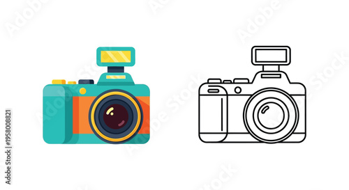 Colorful camera illustration alongside its black outline silhouette