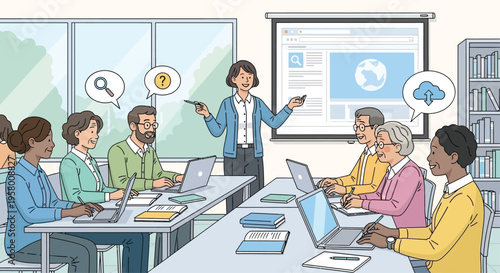 Diverse group of professionals attending a business meeting presentation.