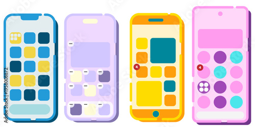 カラフルなスマートフォンとポップなアプリ画面のセット