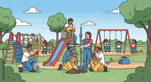 Diverse group of people working together to build a playground.