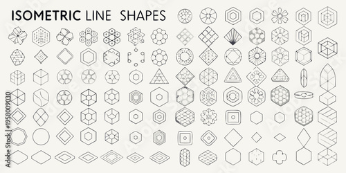 Collection of isometric line shapes and geometric designs in grayscale