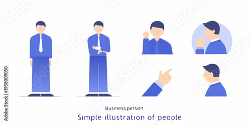 Stylized blue illustrations depict various poses of a business professional