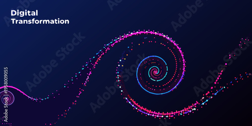 Abstract digital transformation graphic with swirling colorful particle trails
