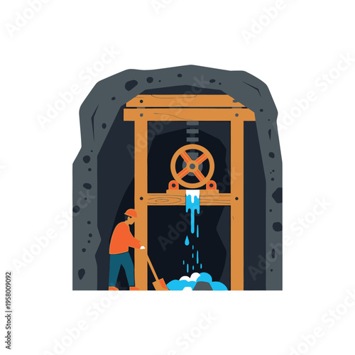 Miner Working at Mine Entrance with Water Wheel Mechanism.