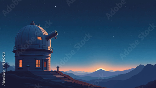 Vector illustration of a telescope observatory at sunset