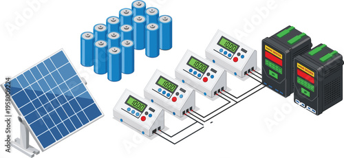 Isometric vector illustration of a renewable energy system featuring solar panels, battery storage bank, power inverters, and charge controllers for sustainable off-grid electricity generation.