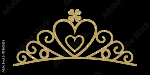 A golden tiara with intricate heart shaped details on a black background