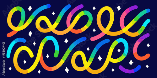 Colorful abstract looping lines and sparkling diamond shapes on dark blue