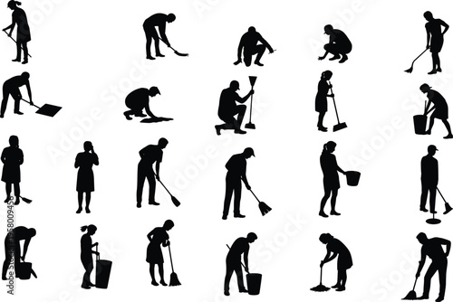 People cleaning and gardening silhouette set with workers sweeping raking planting and maintaining yard and housework activities collection