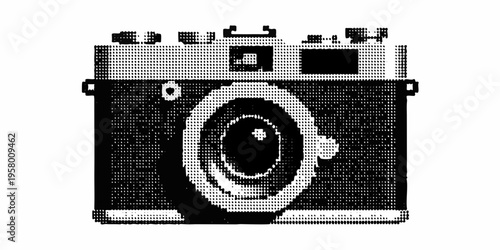 A halftone illustration depicting a vintage rangefinder camera