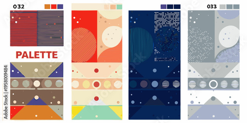 Abstract geometric color palettes with shapes and varying textures displayed vertically