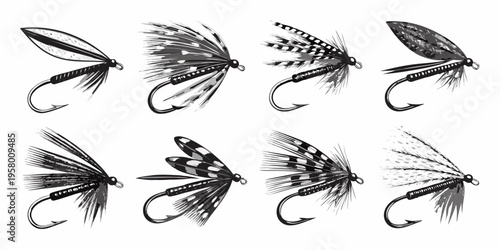 Collection of detailed monochrome illustrations of various fishing flies