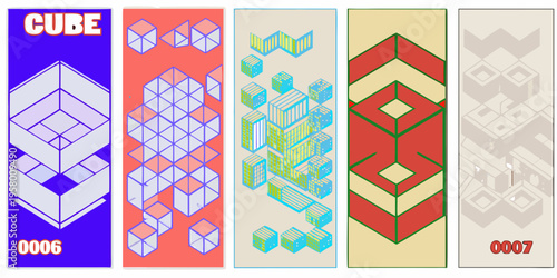 A series of colorful geometric cube patterns displayed vertically