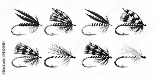 Four detailed illustrations of various fishing flies with barbed hooks