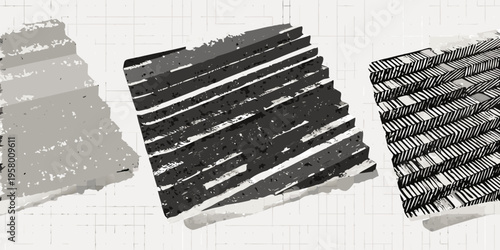 Abstract composition of three textured linear geometric shapes in grayscale