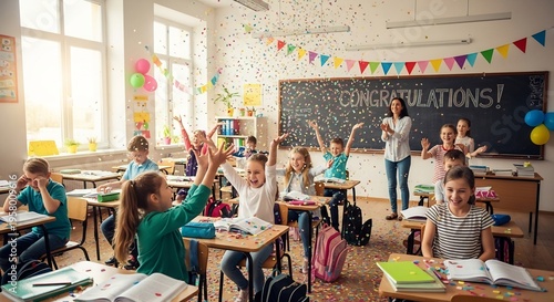 窓から明るい自然光がたっぷりと差し込む小学校の教室で 舞い散る色鮮やかな紙吹雪に歓喜の声を上げる生徒たち 笑顔で子供たちの成長を暖かく見守る先生 みんなで共に喜びを分かち合う感動的で心に残る忘れられないお祝いの瞬間