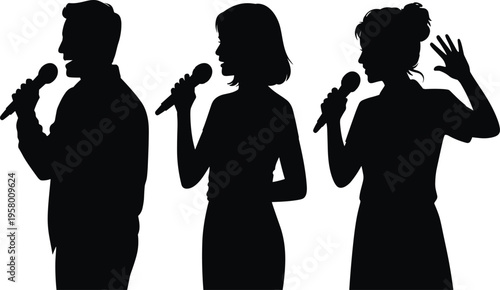 Silhouette illustration of three performers holding microphones, singing or speaking on stage, vector design for music, concert, and presentation themes