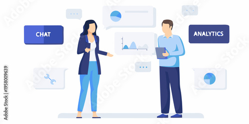 Business professionals discussing data analytics and communication strategies