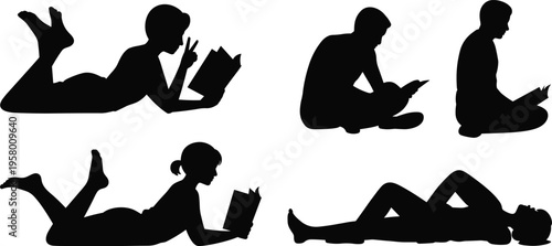 People reading books silhouettes in different poses lying sitting and relaxing, leisure education activity vector illustration set isolated on white background