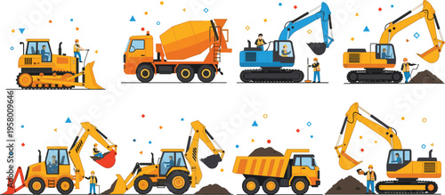 Large construction machinery set with excavators dump truck concrete mixer and bulldozer operated by professional workers for building site development and industrial vector project.