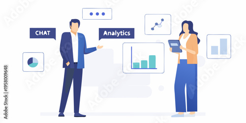 Business professionals discuss data analytics and communication strategies in a modern office