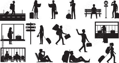 A diverse collection of black silhouette illustrations depicts travelers with luggage in various travel settings including airports, train stations, and bus stops, representing journeys and transit.