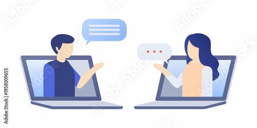 Two people connecting via video call on laptop computers