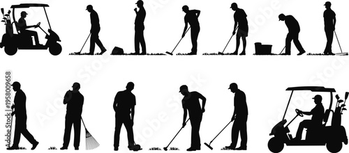 Silhouette illustration of janitorial staff performing cleaning tasks with tools and utility cart, vector design for maintenance and facility services