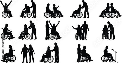 Silhouette illustration of people interacting with wheelchairs in supportive, inclusive, and empowering scenes highlighting accessibility, communication, and companionship