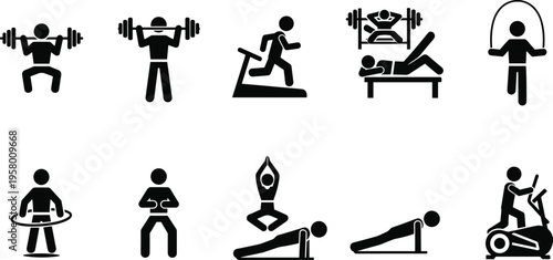 Silhouette illustration of people performing various fitness exercises including weightlifting, yoga, cardio, and gym training activities for health