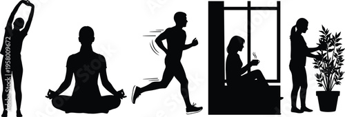 Silhouette illustration of people practicing wellness activities including meditation, stretching, running, relaxation, and plant care for healthy lifestyle