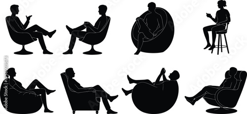 Silhouette illustration of people sitting in various chair designs, relaxed postures holding objects, vector art for lifestyle and design use