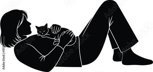 Silhouette illustration of person lying with cat resting on chest, depicting relaxation, affection, companionship, and peaceful pet bonding moment