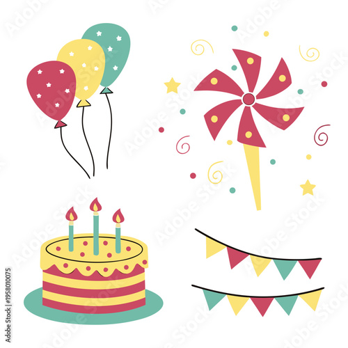 A colorful birthday celebration with cake balloons and pinwheel