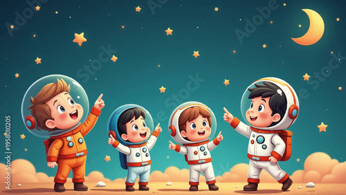Vector illustration of four cartoon astronauts in space