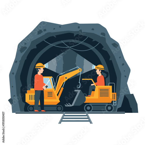 Miners Operating Heavy Machinery in Underground Mine.