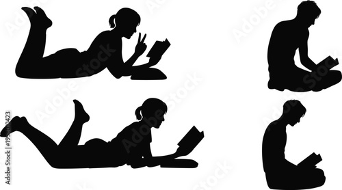 People reading books silhouettes set with men and women sitting and lying while studying or relaxing isolated vector illustration