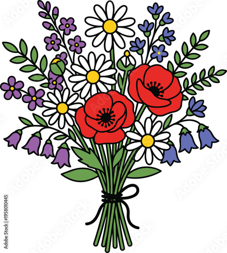 A vibrant bouquet of wildflowers featuring red poppies, daisies, bluebells, and sprigs of lavender, artfully arranged and tied with a ribbon
