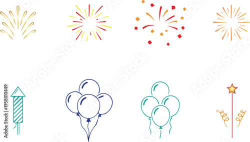 Hand-drawn Celebration Icons: Fireworks, Balloons, and Rocket