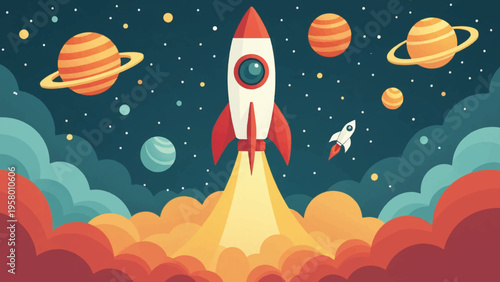 Vector illustration of rocket launching into space with planets and clouds