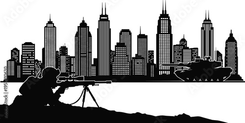 Military sniper silhouette aiming rifle near heavy tank with urban city skyline background for war games defense technology and modern combat vector concept.