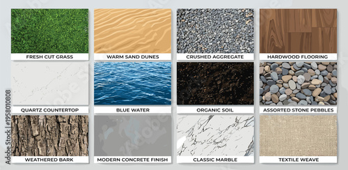 Diverse collection of natural and artificial surface textures, showcasing elements like grass, sand, water, wood, stone, marble, and fabric for design