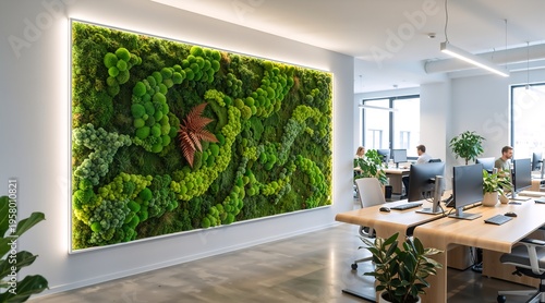 Modern office interior featuring a large illuminated green moss wall panel. People working at desks in a corporate workspace with biophilic design. Sustainable business environment concept