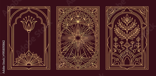Elegant Art Deco-inspired Golden Frames with Floral and Geometric Motifs on a Burgundy Background