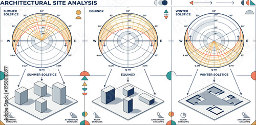Architectural Site Analysis Sun Path Diagrams for Summer Solstice, Equinox, and Winter Solstice