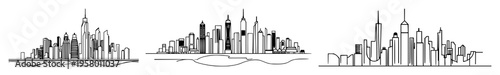 Abstract line art of a smart city skyline with data waves, urban planning 2026, thin consistent stroke, white background. set with simple line art design featuring line art, illustrations, graphic ...