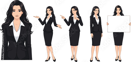 Professional Business Woman Anime Character Set Wearing Black Formal Suit With Various Poses Including Holding Blank Signboard Pointing and Presenting for Corporate Marketing Designs