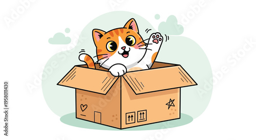 Cute Orange Tabby Cat Waving from Cardboard Box.