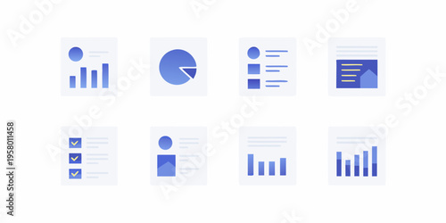 Collection of minimalistic data visualization icons in shades of blue